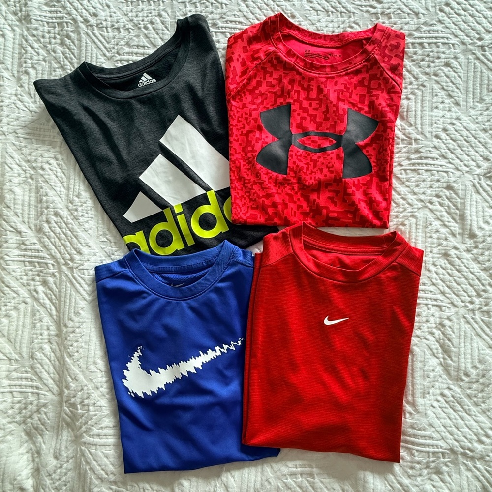 Lot of 4 Youth Large Dry-Fit T-Shirts - Adidas, Under Armour & 2 Nike